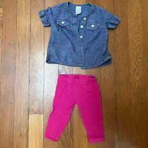 Adorable Carters 3 mo girls outfit - denim button down shirt and pink leggings